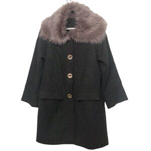 Maison Cherie Green Black 100% Wool Geo Print Coat With Fur Collar